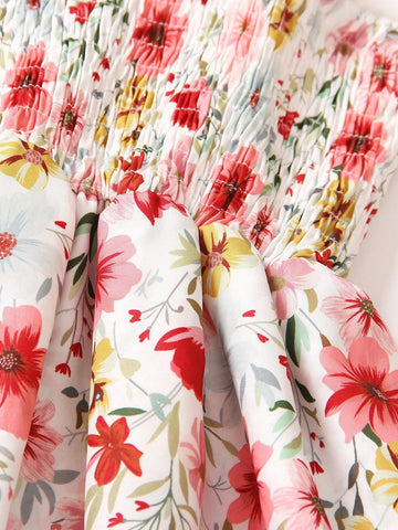 Young Girls' Flower Printed Spaghetti Strap Dress