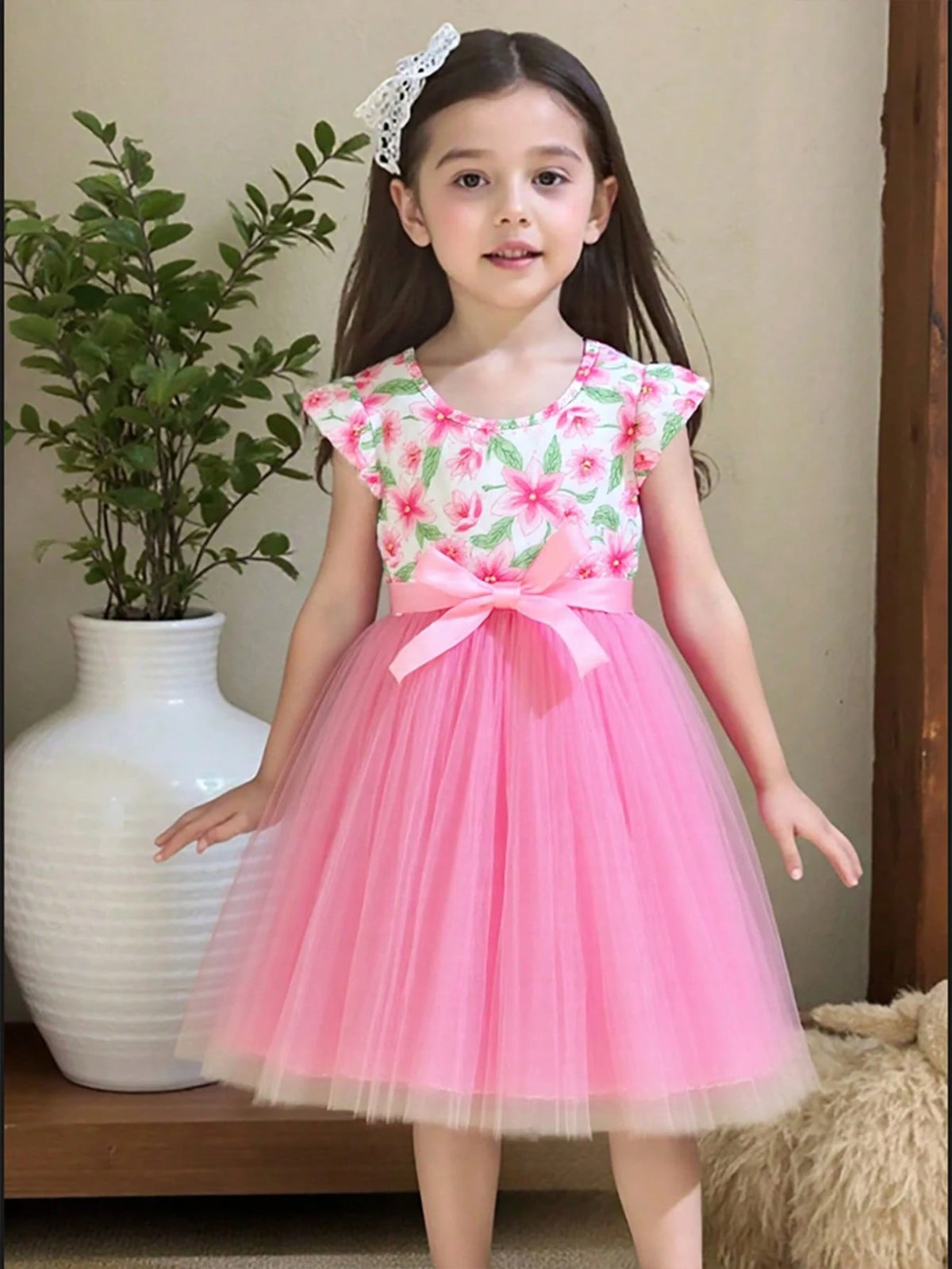 Young Girls Flutter Sleeves Princess Dress, Mesh Fabric Cute Sweet Birthday Dress With Waistband, For Summer
