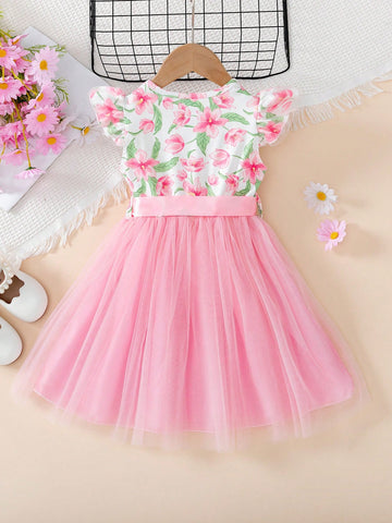 Young Girls Flutter Sleeves Princess Dress, Mesh Fabric Cute Sweet Birthday Dress With Waistband, For Summer