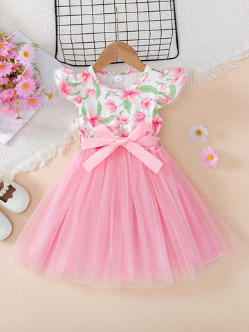 Young Girls Flutter Sleeves Princess Dress, Mesh Fabric Cute Sweet Birthday Dress With Waistband, For Summer