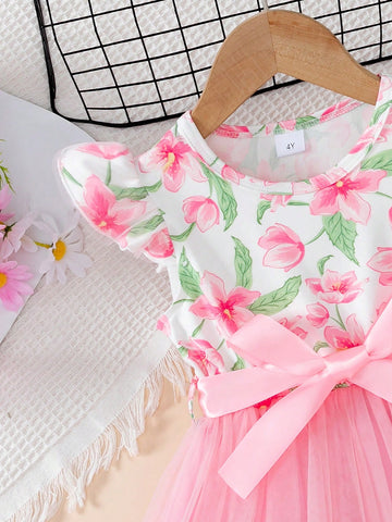 Young Girls Flutter Sleeves Princess Dress, Mesh Fabric Cute Sweet Birthday Dress With Waistband, For Summer