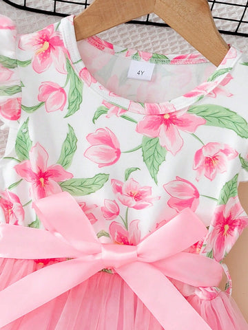 Young Girls Flutter Sleeves Princess Dress, Mesh Fabric Cute Sweet Birthday Dress With Waistband, For Summer