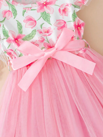 Young Girls Flutter Sleeves Princess Dress, Mesh Fabric Cute Sweet Birthday Dress With Waistband, For Summer