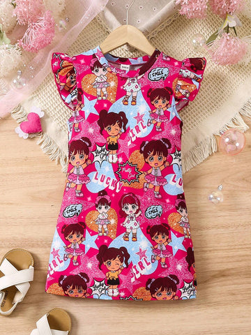 Young Girls' Flying Sleeve Cartoon Character & Letter Print A-Line Dress