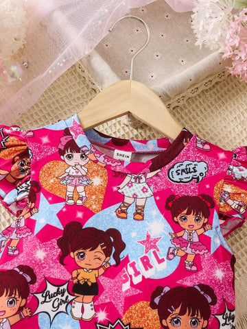 Young Girls' Flying Sleeve Cartoon Character & Letter Print A-Line Dress