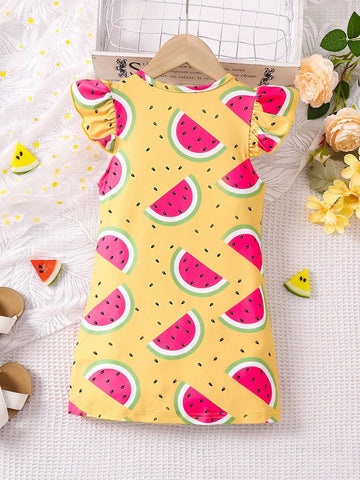 Young Girl's Flying Sleeve Dress, Cute Watermelon Printed, Fashionable & Versatile For Spring, Summer