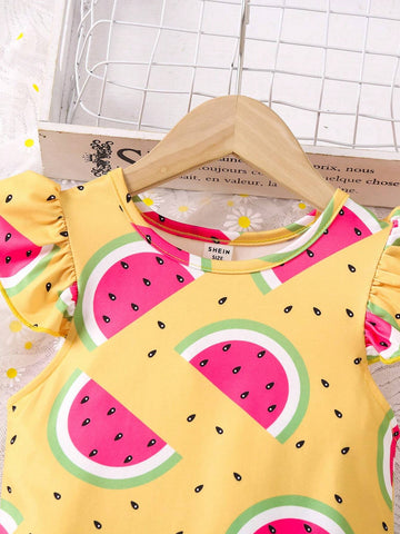 Young Girl's Flying Sleeve Dress, Cute Watermelon Printed, Fashionable & Versatile For Spring, Summer