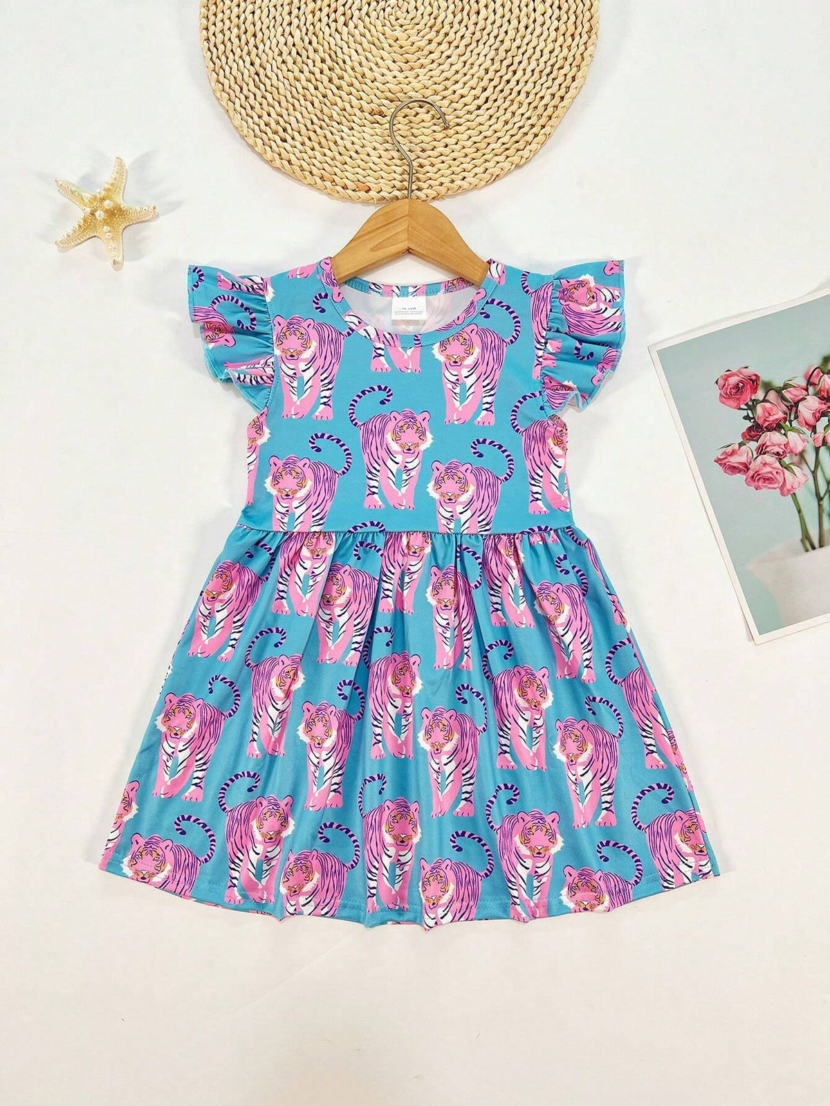 Young Girl's Forest Animal & Tiger Print Cap Sleeve Casual Dress For Spring, Summer, And Autumn