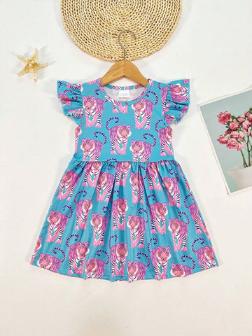 Young Girl's Forest Animal & Tiger Print Cap Sleeve Casual Dress For Spring, Summer, And Autumn
