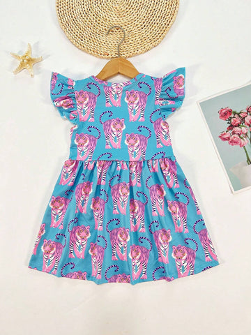 Young Girl's Forest Animal & Tiger Print Cap Sleeve Casual Dress For Spring, Summer, And Autumn