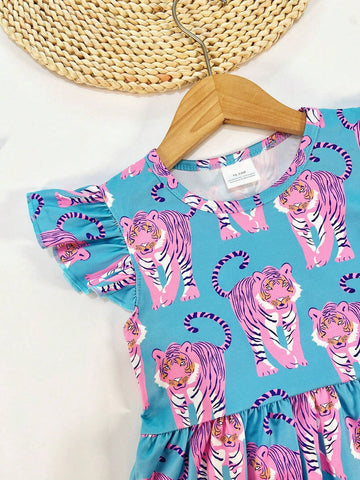 Young Girl's Forest Animal & Tiger Print Cap Sleeve Casual Dress For Spring, Summer, And Autumn