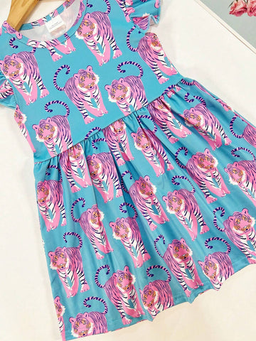 Young Girl's Forest Animal & Tiger Print Cap Sleeve Casual Dress For Spring, Summer, And Autumn
