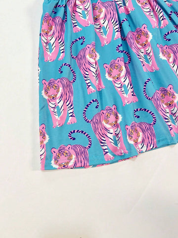 Young Girl's Forest Animal & Tiger Print Cap Sleeve Casual Dress For Spring, Summer, And Autumn