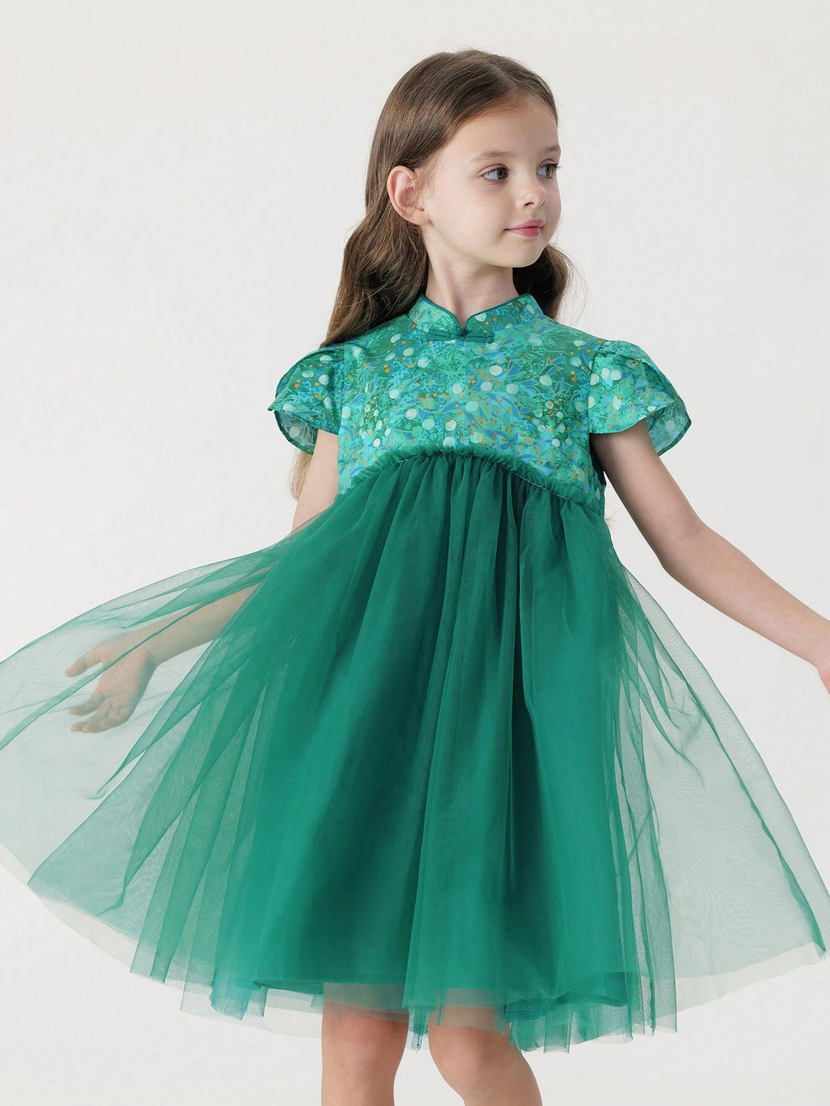 Young Girls' French-Chinese Style Green Shade Printed Cheongsam Dress With Mesh Splicing, Summer