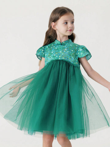 Young Girls' French-Chinese Style Green Shade Printed Cheongsam Dress With Mesh Splicing, Summer