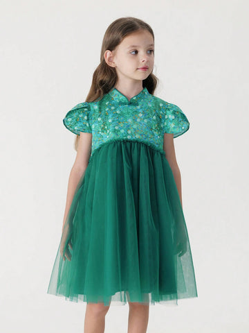 Young Girls' French-Chinese Style Green Shade Printed Cheongsam Dress With Mesh Splicing, Summer