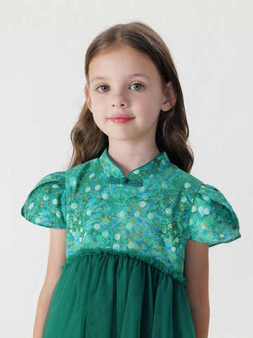 Young Girls' French-Chinese Style Green Shade Printed Cheongsam Dress With Mesh Splicing, Summer