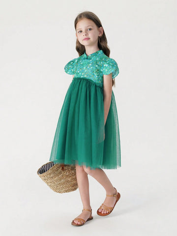 Young Girls' French-Chinese Style Green Shade Printed Cheongsam Dress With Mesh Splicing, Summer