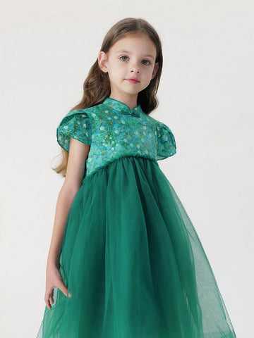 Young Girls' French-Chinese Style Green Shade Printed Cheongsam Dress With Mesh Splicing, Summer