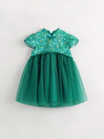 Young Girls' French-Chinese Style Green Shade Printed Cheongsam Dress With Mesh Splicing, Summer
