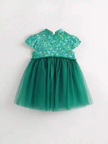 Young Girls' French-Chinese Style Green Shade Printed Cheongsam Dress With Mesh Splicing, Summer