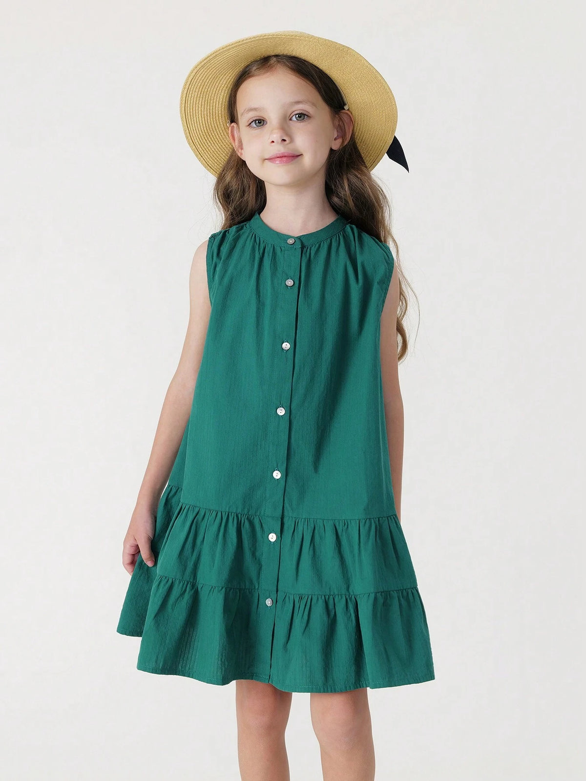 Young Girls' French Elegance Patchwork Ruffle Edge A-Line Sleeveless Dress With Round Neck, Summer