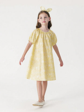 Young Girls' French Elegant Floral Print Short Sleeve Round Neck A-Line Dress With Puff Sleeves (With Hairband), Summer