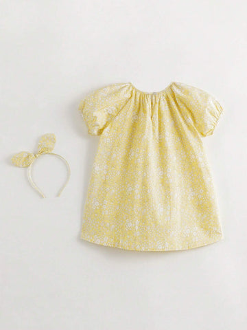 Young Girls' French Elegant Floral Print Short Sleeve Round Neck A-Line Dress With Puff Sleeves (With Hairband), Summer