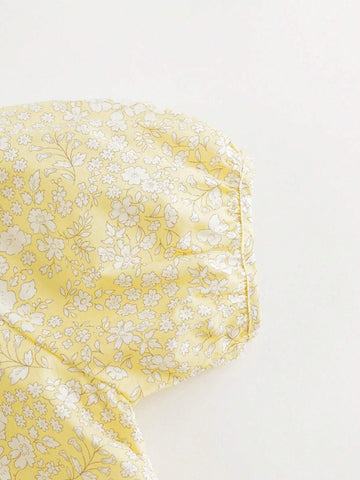 Young Girls' French Elegant Floral Print Short Sleeve Round Neck A-Line Dress With Puff Sleeves (With Hairband), Summer