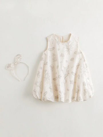 Young Girls' French Elegant Fresh Fruit & Vegetable Printed Bud Dress With Top Style (With Hair Clip), Summer