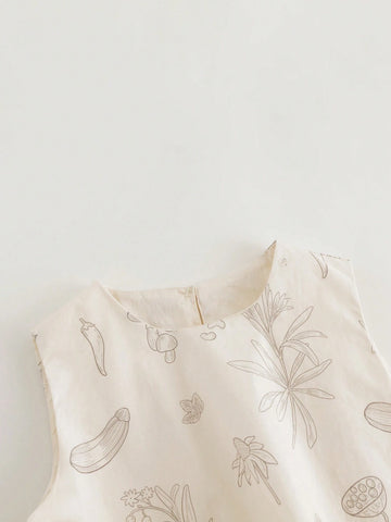 Young Girls' French Elegant Fresh Fruit & Vegetable Printed Bud Dress With Top Style (With Hair Clip), Summer