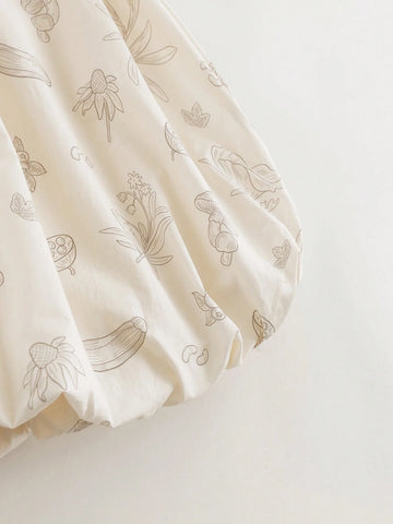 Young Girls' French Elegant Fresh Fruit & Vegetable Printed Bud Dress With Top Style (With Hair Clip), Summer