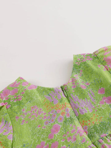 Young Girl's French Style Elegant Printed Bubble Sleeves Short Dress With Full Skirt (Includes Headband), Summer