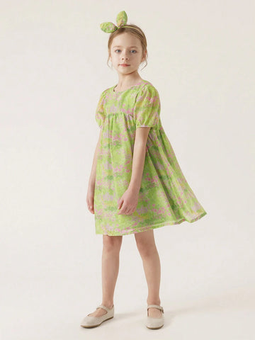 Young Girl's French Style Elegant Printed Bubble Sleeves Short Dress With Full Skirt (Includes Headband), Summer