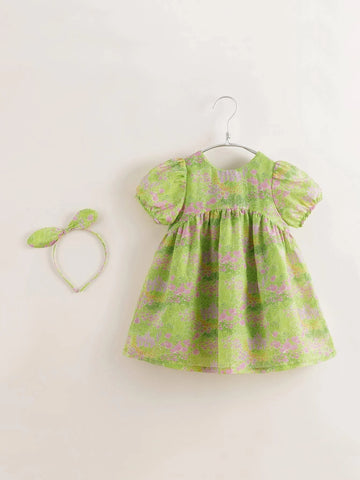 Young Girl's French Style Elegant Printed Bubble Sleeves Short Dress With Full Skirt (Includes Headband), Summer