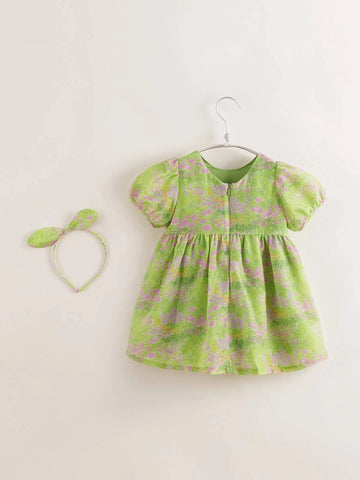 Young Girl's French Style Elegant Printed Bubble Sleeves Short Dress With Full Skirt (Includes Headband), Summer