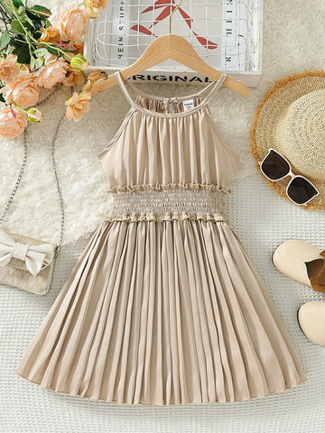 Young Girl's French Style Sleeveless Halter Neckline A-Line Dress With Pleated Hem And Waist Ties For Summer