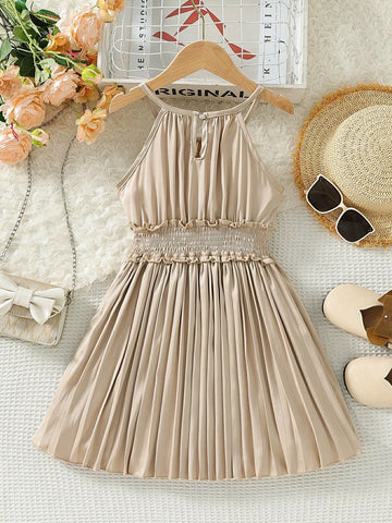 Young Girl's French Style Sleeveless Halter Neckline A-Line Dress With Pleated Hem And Waist Ties For Summer