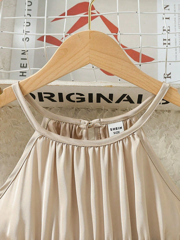 Young Girl's French Style Sleeveless Halter Neckline A-Line Dress With Pleated Hem And Waist Ties For Summer