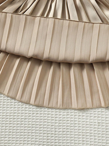 Young Girl's French Style Sleeveless Halter Neckline A-Line Dress With Pleated Hem And Waist Ties For Summer
