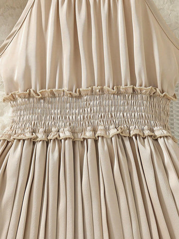 Young Girl's French Style Sleeveless Halter Neckline A-Line Dress With Pleated Hem And Waist Ties For Summer