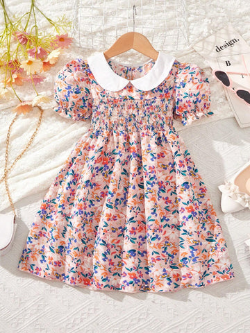 Young Girl's French Style Sweet And Elegant Countryside Floral Print Peter Pan Collar Dress, Suitable For Weekend Travel, Picnic And Beach Vacation