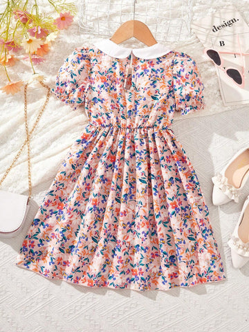 Young Girl's French Style Sweet And Elegant Countryside Floral Print Peter Pan Collar Dress, Suitable For Weekend Travel, Picnic And Beach Vacation