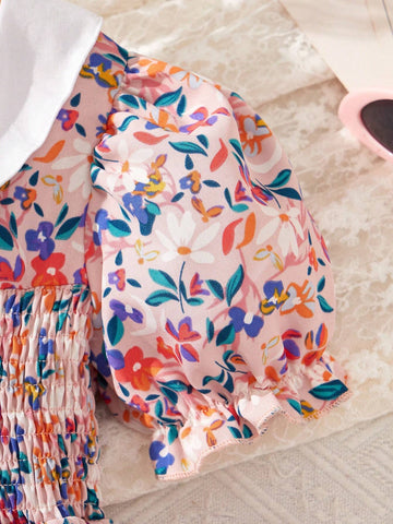 Young Girl's French Style Sweet And Elegant Countryside Floral Print Peter Pan Collar Dress, Suitable For Weekend Travel, Picnic And Beach Vacation