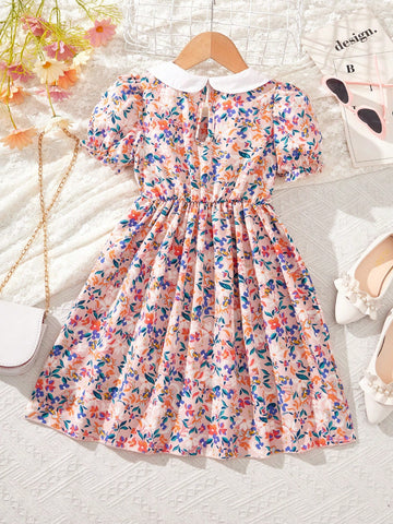 Young Girl's French Style Sweet And Elegant Countryside Floral Print Peter Pan Collar Dress, Suitable For Weekend Travel, Picnic And Beach Vacation