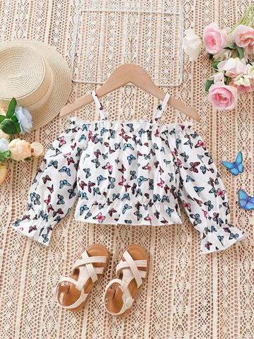 Young Girls Fresh Colorful Butterfly Print Long Sleeve Cold Shoulder Cami Shirt