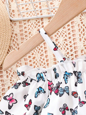 Young Girls Fresh Colorful Butterfly Print Long Sleeve Cold Shoulder Cami Shirt
