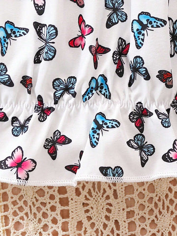 Young Girls Fresh Colorful Butterfly Print Long Sleeve Cold Shoulder Cami Shirt