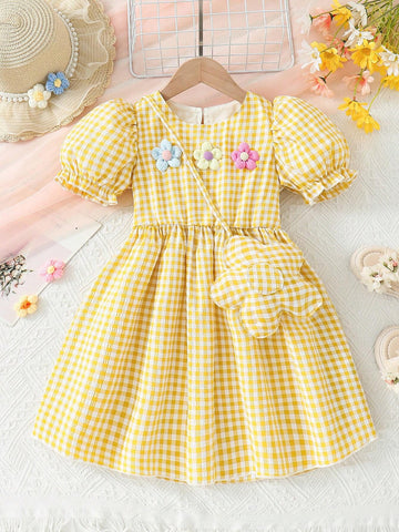 Young Girls' Fresh Puff Sleeve Checked Dress With 3d Flower Decoration & Gifted Bag, Summer Beach Holiday