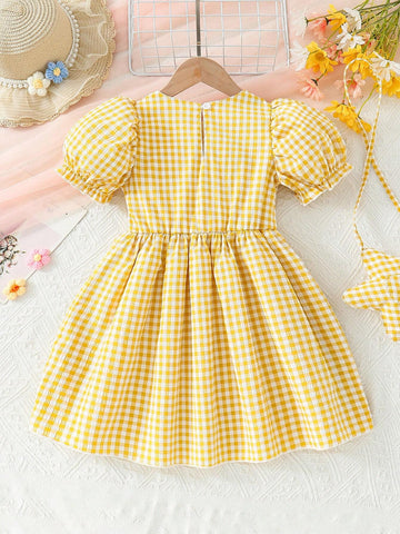 Young Girls' Fresh Puff Sleeve Checked Dress With 3d Flower Decoration & Gifted Bag, Summer Beach Holiday